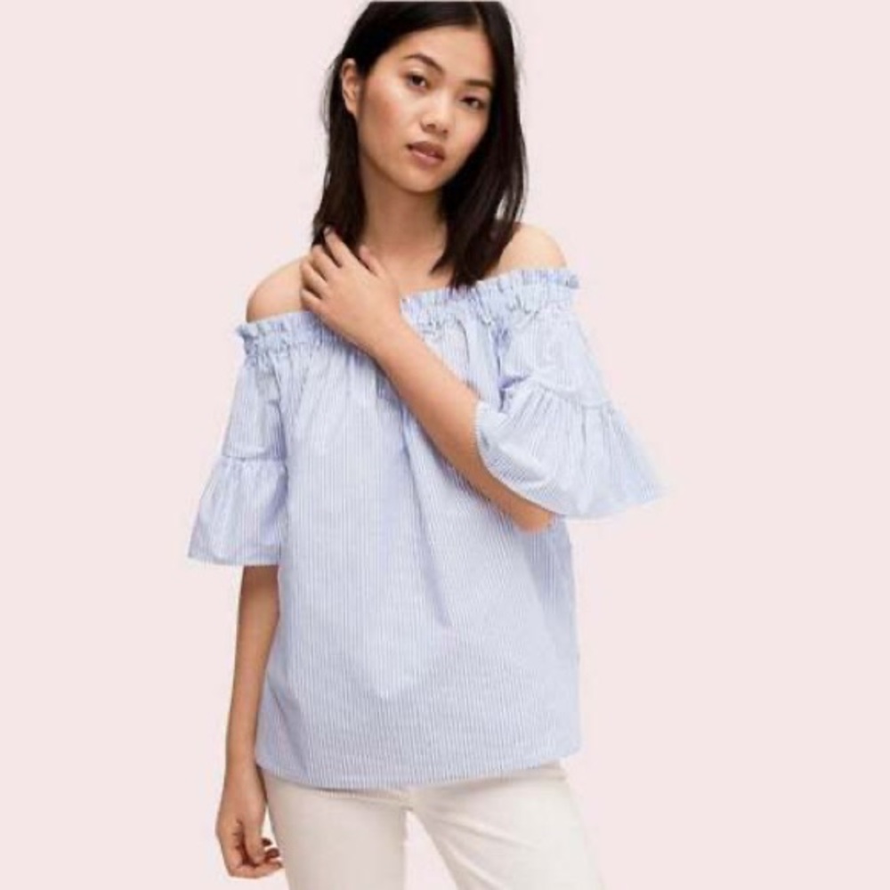 Kate Spade Broome Street Stripe Off The Shoulder Top White/Blue Size M MSRP $148